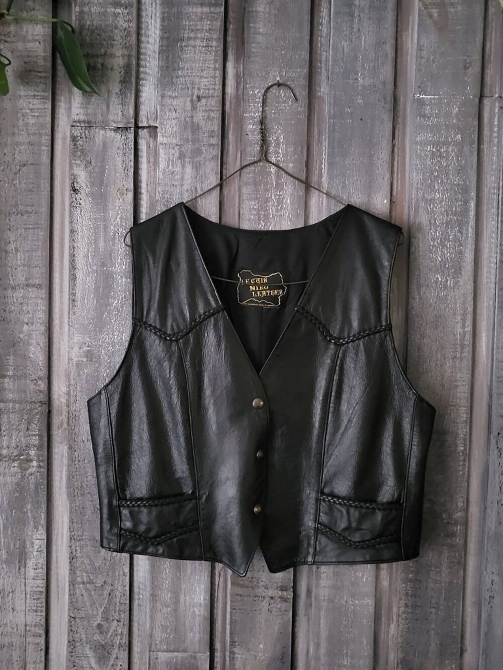 Vintage Le Cuir Niko Black Leather Western Biker Vest Made in Canada S M